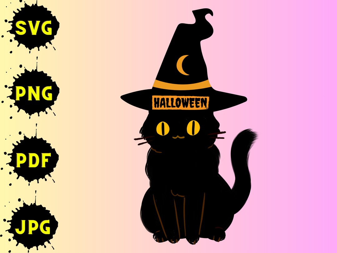 Black Cat Witch Hat Halloween SVG PNG PDF Jpg Black Cat - Etsy