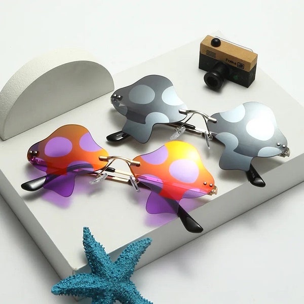 GOGORAVERS Mushroom Sunglasses Mario Rimless Festival Psychedelic Vibe Kaleidoscope Trip Rave Fashion