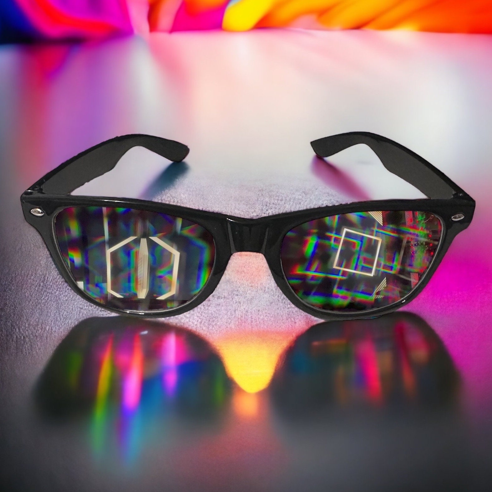 GloFX Square Kaleidoscope Glasses - Metal Frame - MC Squared Rainbow Light Diffraction EDM Festival Rave Prism Glasses