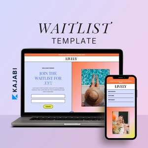 Puede incluir: Una pantalla de computadora portátil que muestra un sitio web con el texto "LIVELY" y las palabras "Únete a la lista de espera para XYZ". El sitio web tiene un formulario para enviar una dirección de correo electrónico. La computadora portátil está sobre un fondo rosa y morado. Una pantalla de teléfono móvil que muestra el mismo sitio web está en la esquina inferior derecha de la imagen.