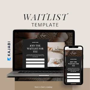May include: A laptop and a mobile phone display a website with a black and white waitlist sign-up form. The form has a heading that says "Join the Waitlist for XYZ". The website background is a photo of a room with a bed and a shelf with plants. The text "Here's what's coming" is below the form.