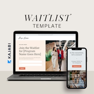May include: A laptop computer screen displaying a website with a waitlist sign-up form for a program called "[Program Name Goes Here]" with a background image of people walking in an office. The text "Doors will open back up in Spring 20XX" is at the top of the screen. A mobile phone screen is shown next to the laptop, displaying a message that says "In the meantime, let's connect!" and "Connect With Us On Instagram".
