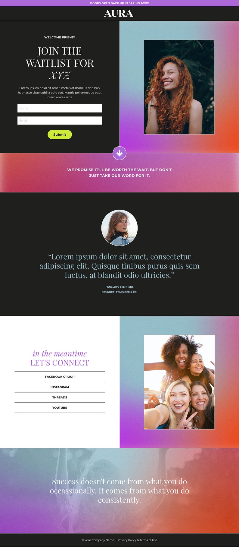 Kajabi waitlist page template for online course creators, online educators, coaches, consultants, digital product sellers, and more. Use for your freebie or lead magnet. Get the matching Kajabi sales page, Kajabi website template, and course theme.