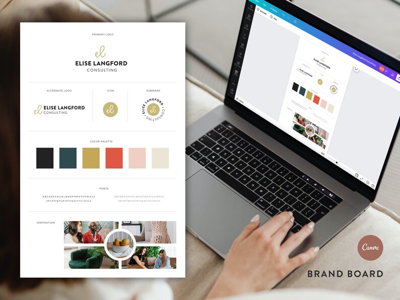 Canva brand board template. Includes the logo designs, color palette, font suggestions, and inspiration images. Use as a brand style guide for your professional business.