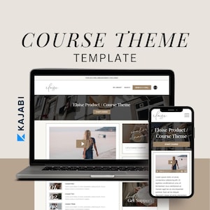 May include: A screenshot of a website displaying a course theme template for Kajabi. The website has a light brown background and includes a video player, a course title, and a "Start Course" button. The website also features a section for lessons and a "Get Support" button.