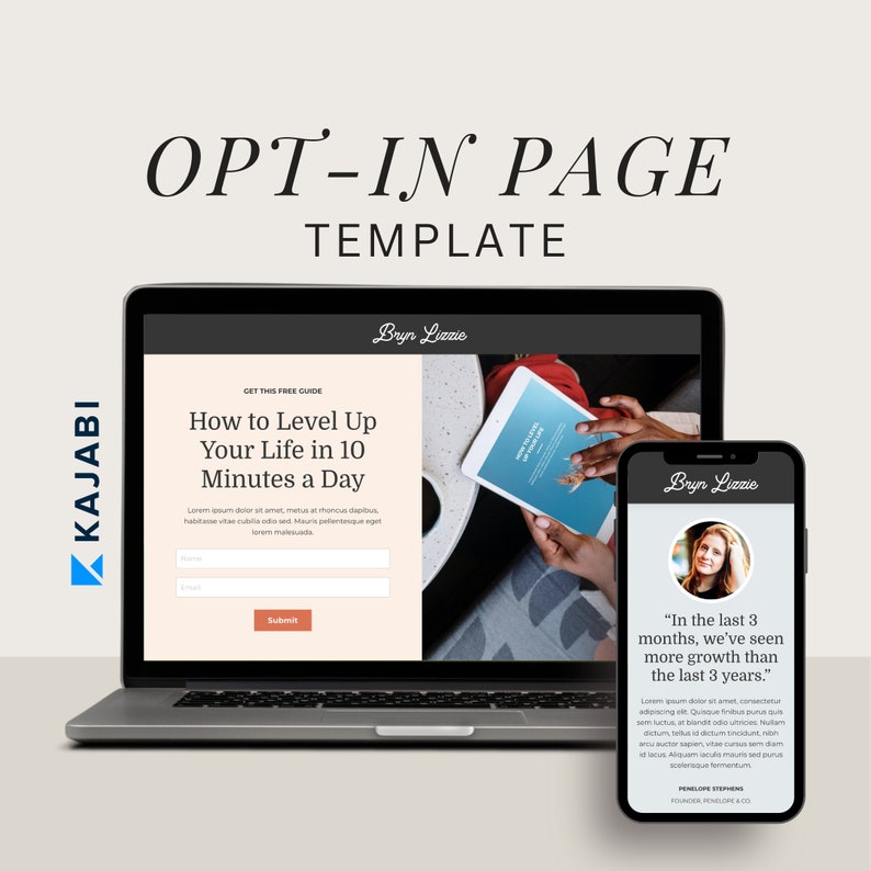 Kajabi opt-in page template for online course creators, online educators, coaches, consultants, digital product sellers, and more. Use for your freebie or lead magnet. Get the matching Kajabi sales page, waitlist, website template, and course theme.