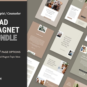 May include: A digital marketing resource for therapists and counselors. The image shows a collection of 56 page options for lead magnets, along with 50 lead magnet topic ideas. The text "Lead Magnet Bundle" is displayed in a large font, with the words "Therapist/Counselor" above it. The text "56 Page Options + 50 Lead Magnet Topic Ideas" is displayed below the title. The image also includes several examples of lead magnet pages, featuring text and images.