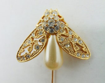 Vintage Cicade Faux Pearl Bug Hat Pin Strass Vliegend Insect Gold Tone Bee Stick Pin