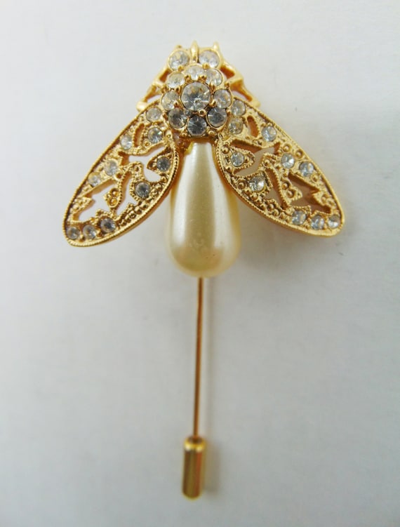 Vintage Cicada Faux Pearl Bug Hat Pin Rhinestone F