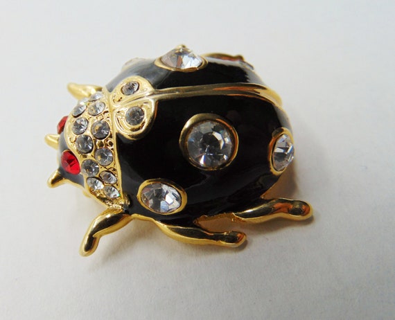 Vintage Ladybug Beetle Brooch Bug Enamel Rhinesto… - image 2