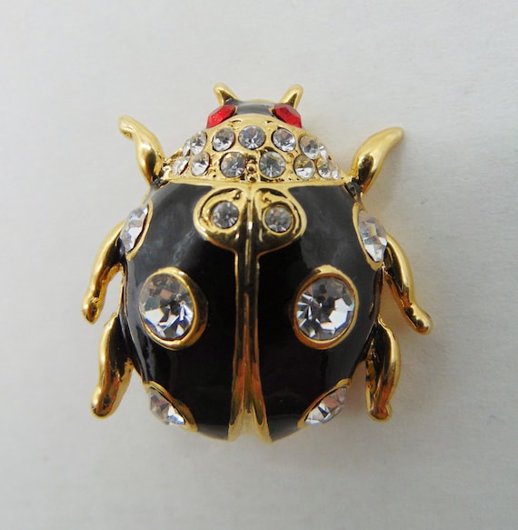 Vintage Ladybug Beetle Brooch Bug Enamel Rhinesto… - image 1