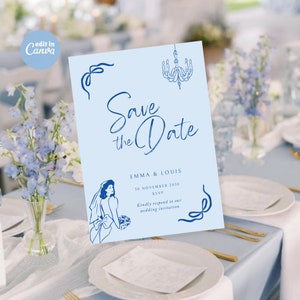 Classic Blue Save The Date Template, Wedding Invitation, Hand drawn, Scribble Illustrations, Handwritten Fonts, French Style, Editable