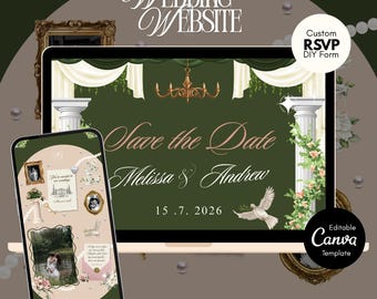 Green and Pink Wedding Website Invitation Template: Modern RSVP Canva Design (Digital Download)