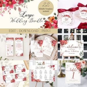 Red Floral Wedding Template Bundle: Elegant Monogram (Templett Instant Download)