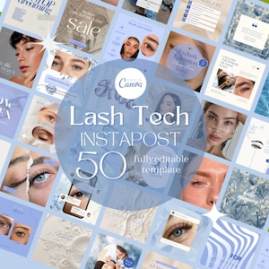 May include: A collage of 50 Instagram post templates for lash technicians. The templates feature a blue and white color scheme with images of eyes and eyelashes. The text "Lash Tech Instapost 50" is in the center of the collage.