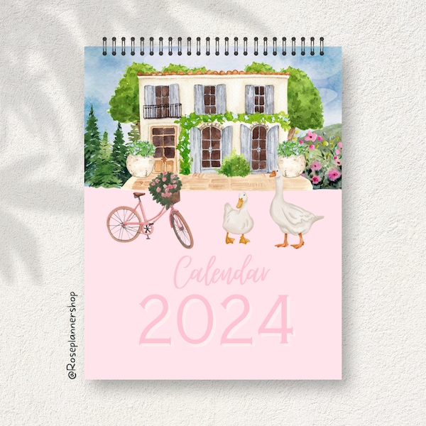 2024 Cottage core Calendar,Desk Calendar Monthly, Cottage core Watercolor, Wall hanging calendar, PDF, Letter Size, A4, Aesthetic design