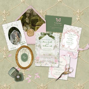 Castle Garden Wedding Invitation Suite: Sage Green & Pink (Digital Download Bundle)