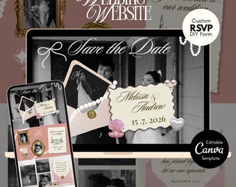 Dusty Pink Pearls Wedding Website Template: Modern RSVP Canva Design (Digital Download)