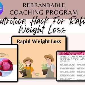May include: Digital coaching program titled "Nutrition Hack For Rapid Weight Loss" with the Canva logo. The image features three tablets displaying content, including "Rapid Weight Loss" and chapter titles. Illustrations of people with plants are also present.