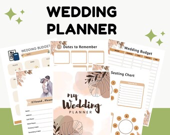 May include: A wedding planner with pages for budgeting, seating arrangements, and important dates. The design incorporates watercolour elements and floral motifs, with the title "Wedding Planner."