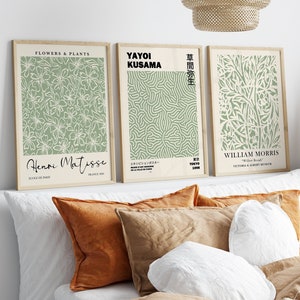 Sage Green Exhibition Poster Set of 3, Yayoi Kusama Print, Sage Green Wall Art, William Morris Print, 3 Piece Wall Art, Matisse Print Set