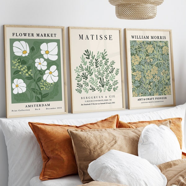 Sage Green Henri Matisse Print, Flower Market Print Set, Sage Green Wall Art, William Morris Print, Ensemble de 3 art mural imprimable