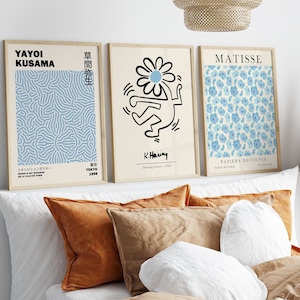 Blue Gallery Prints Set of 3, Exhibition Poster Set, Above Bed Art, Matisse Print, Yayoi Kusama Print, Exhibition Wall Art