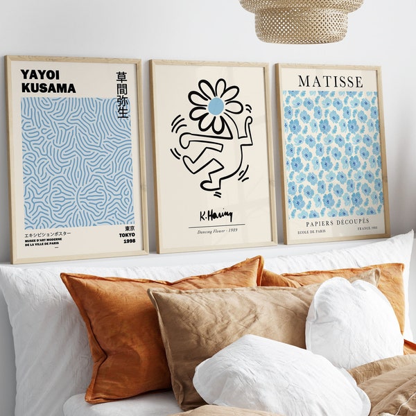 Blue Gallery Prints Set of 3, Exhibition Poster Set, Above Bed Art, Matisse Print, Yayoi Kusama Print, Exhibition Wall Art