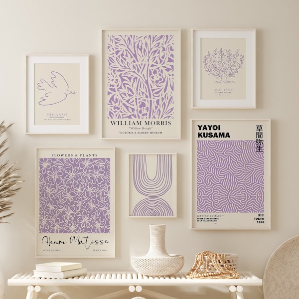 Purple Gallery Wall Set of 6, Exposition Print Set, Purple Wall Art, Girly Wall Art, Purple Prints, Matisse Print Set, Yayoi Kusama