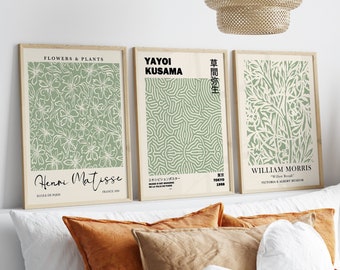 Sage Green Exhibition Poster Set of 3, Yayoi Kusama Print, Sage Green Wall Art, William Morris Print, 3 Piece Wall Art, Matisse Print Set