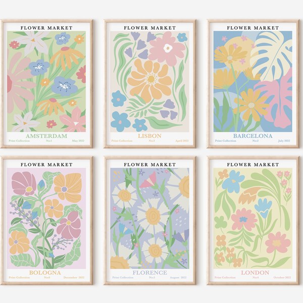 Danish Pastel Flower Market Print Set, Set of 6 Prints, Danish Pastel Decor, Flower Market Poster, Colorful Wall Art, Pastel Wall Art