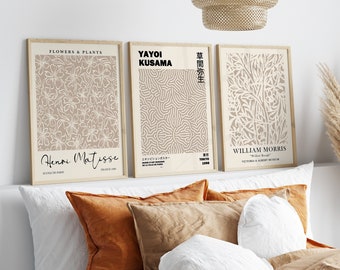 Neutral Print Set of 3, Neutral Wall Art, Aesthetic Posters, 3 Piece Wall Art, Neutral Wall Art Set, Matisse Print Set, William Morris