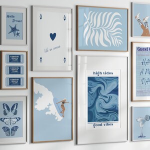 Blue Preppy Wall Art Set of 10, Preppy Dorm Decor, Blue Trendy Wall Art, Blue Preppy Art Prints, Wall Collage, Wall Prints Trendy