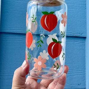 Peach Floral 16oz Glass Tumbler with Bamboo Lid