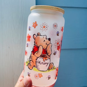 Pooh Honey Glass Can with Bamboo Lid & Straw