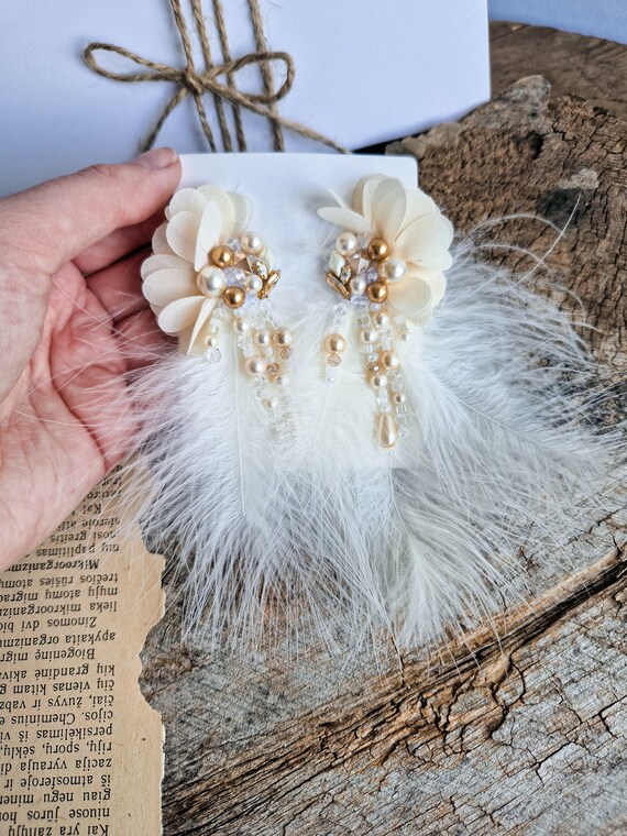White Feather Wedding Earrings Floral Earrings for Bride Fluffy Bridal Earrings Big Boho Earrings for Weddings Bohemian Bride Jewelry Etsy UK