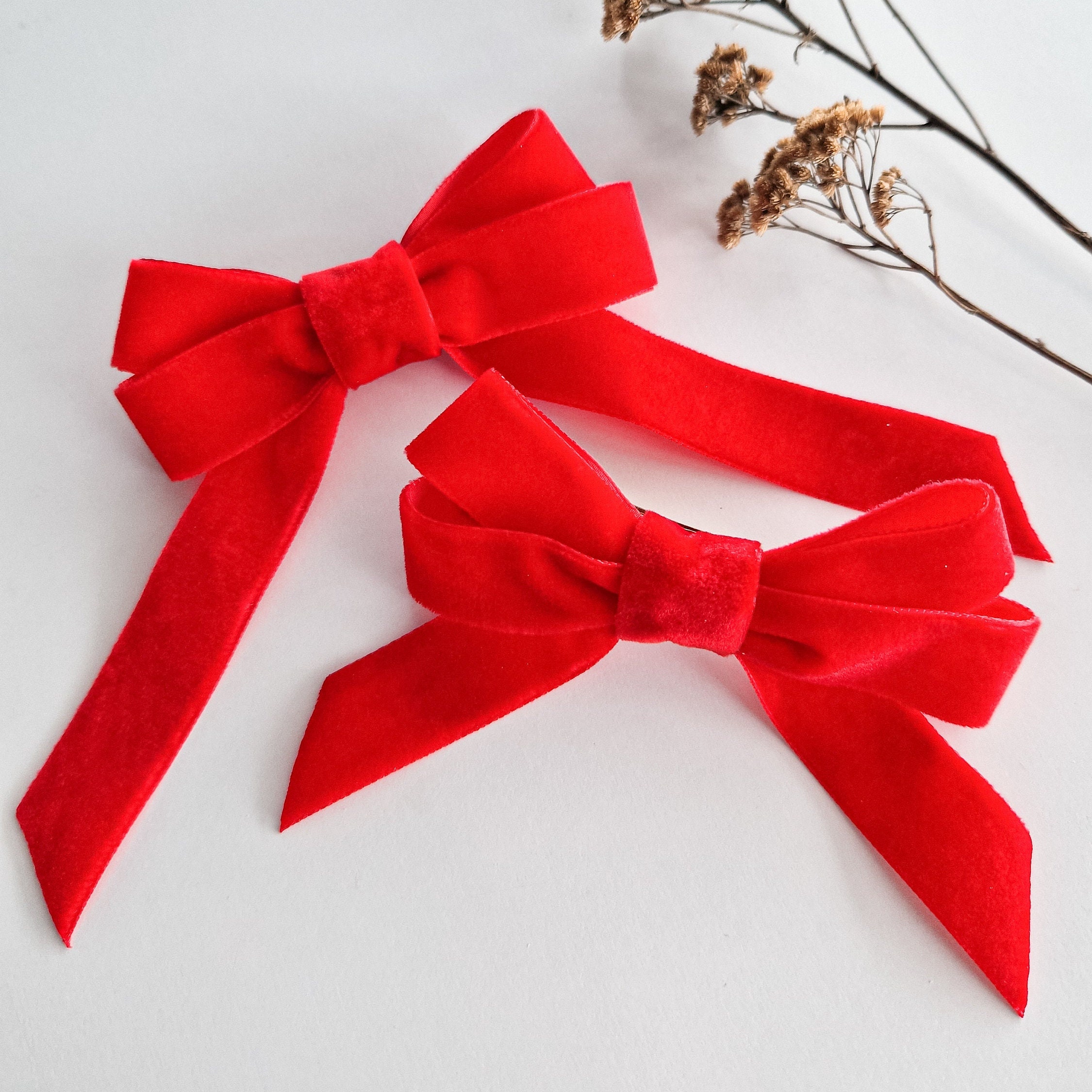 Embroidered bag and red velvet hair bow