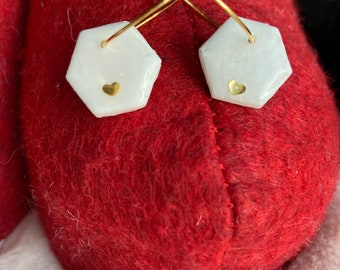 Creole Earring Fimo White Paste with Epoxy Golden Heart