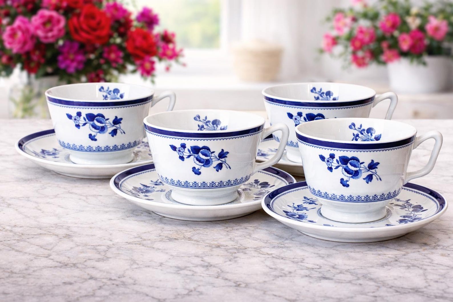 Vintage Spode Gloucester No Trim London Shape Footed Cups & Saucers- Set of 4