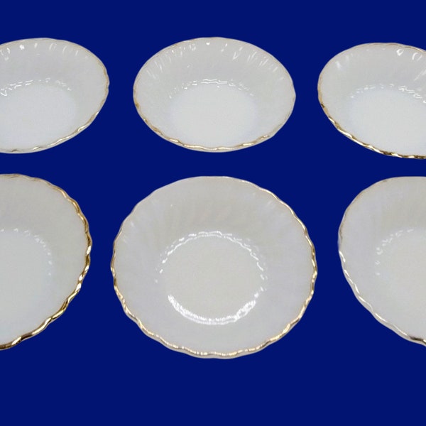 Vintage Anchor Hocking White Milk Glass Dessert Bowls with 22K Trim- Set of 6