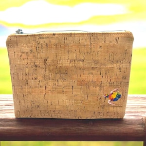 Natural Cork Makeup Bag | Eco-Friendly Zipper Pouch | 7&quot;x5.5&quot; Vegan Clutch with Logo Turtle Accent