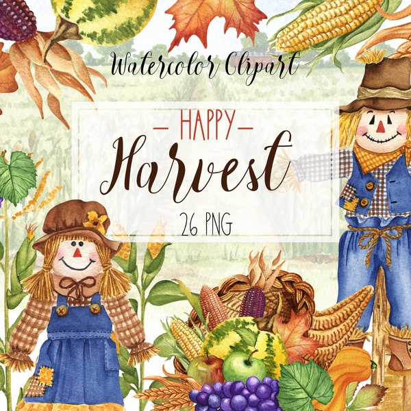 Watercolor Thanksgiving Day Clipart. Autumn Harvest Clip Art. Corn, Cornucopia, Scarecrow, Pumpkin, Grapes PNG. Corn Field Landscape Clipart