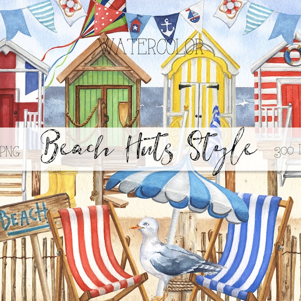 Aquarelle Beach Hut Clipart. Clipart d’été Seascape. Clipart nautique. Maison de plage, cerf-volant, bateau, chaise longue, parasol PNG. Paysage de plage.