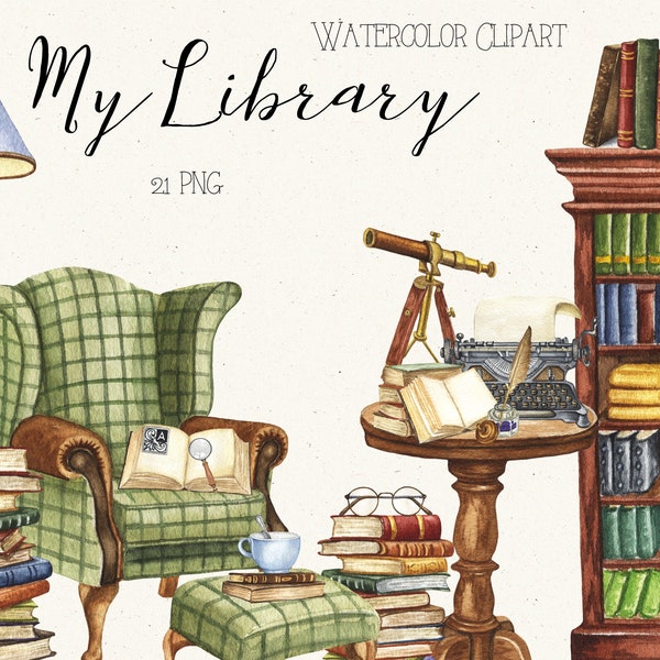 Watercolor Books Clipart. Home Library, Study Scene Creator. Vintage Book, Typewriter, Telescope, Armchair, Bookcase PNG. Home Decor Clipart