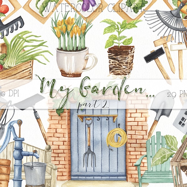 Watercolor Gardening Clipart. Spring, Rustic, Farmhouse Garden Clipart.Greenery, Vegetable, Flower, Garden Tools PNG. Garden Scene Creator