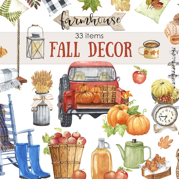 Aquarell Bauernhaus Herbst Dekor Clipart. Kuschelige Herbst Clipart. Erntewagen mit Kürbis, Herbstblätter PNG. Retro Rustikales HolzDekor Clipart