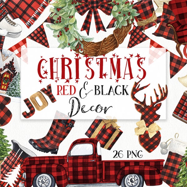 Watercolor Christmas Red and Black Decor Clipart. Buffalo Plaid Clipart. Farmhouse Christmas Decor Clipart. Gnome, Truck, Wreath, Deer PNG.