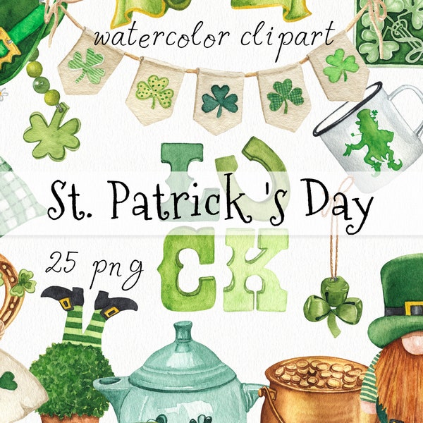 Watercolor St. Patrick's Day Clipart. Shamrock, Clover Clipart. Green Home Decor Clip Art. Irish Sublimation Graphics. Horseshoe, Gnome PNG