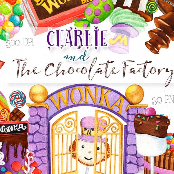 Charlie And The Chocolate Factory Watercolor Clipart. Willy Wonka Party Clipart. Sweets, Candy, Cake, Cookies, Lollipops PNG. Birthday Party