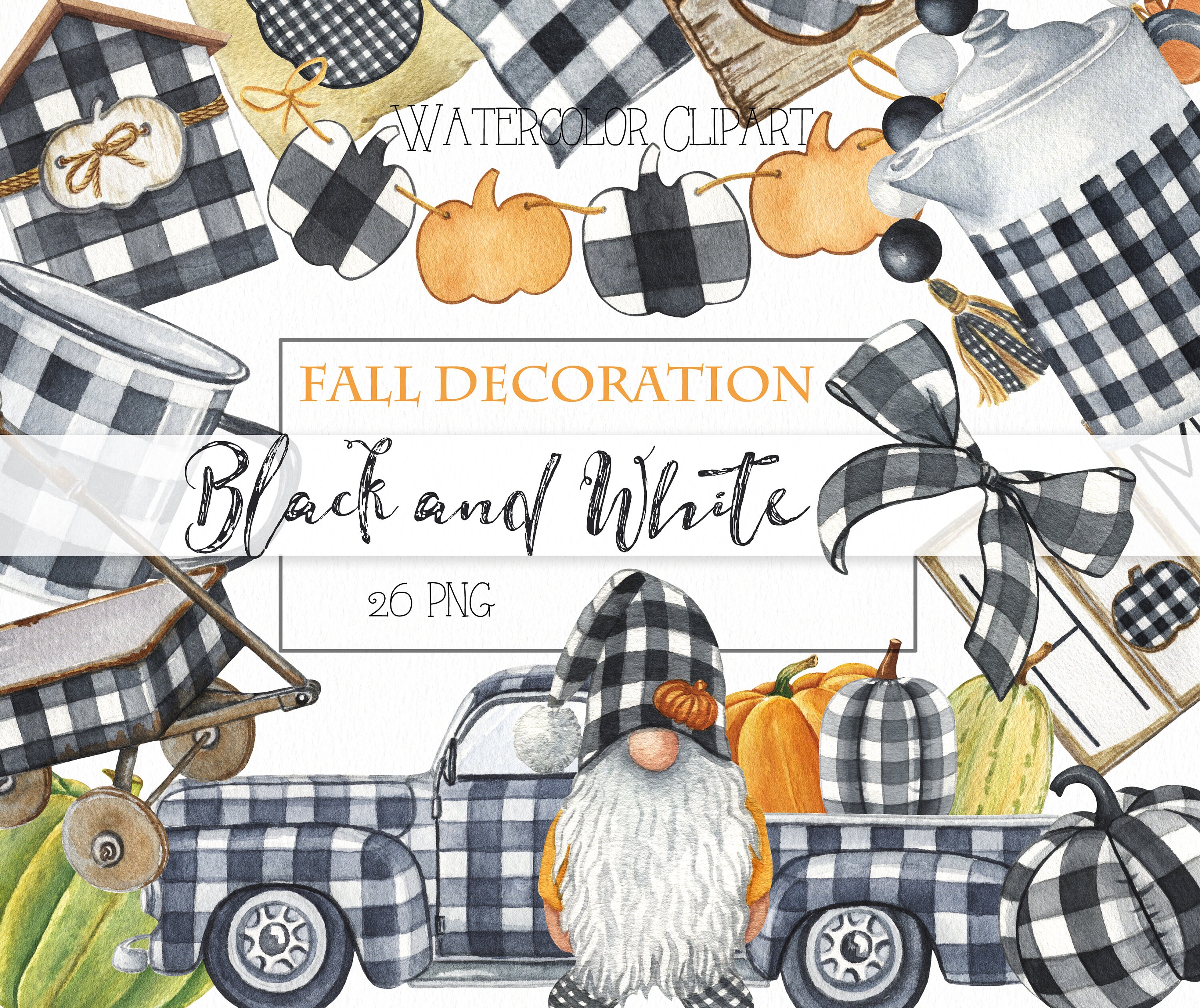 Watercolor Black and White Fall Decor Clipart. Farmhouse Etsy